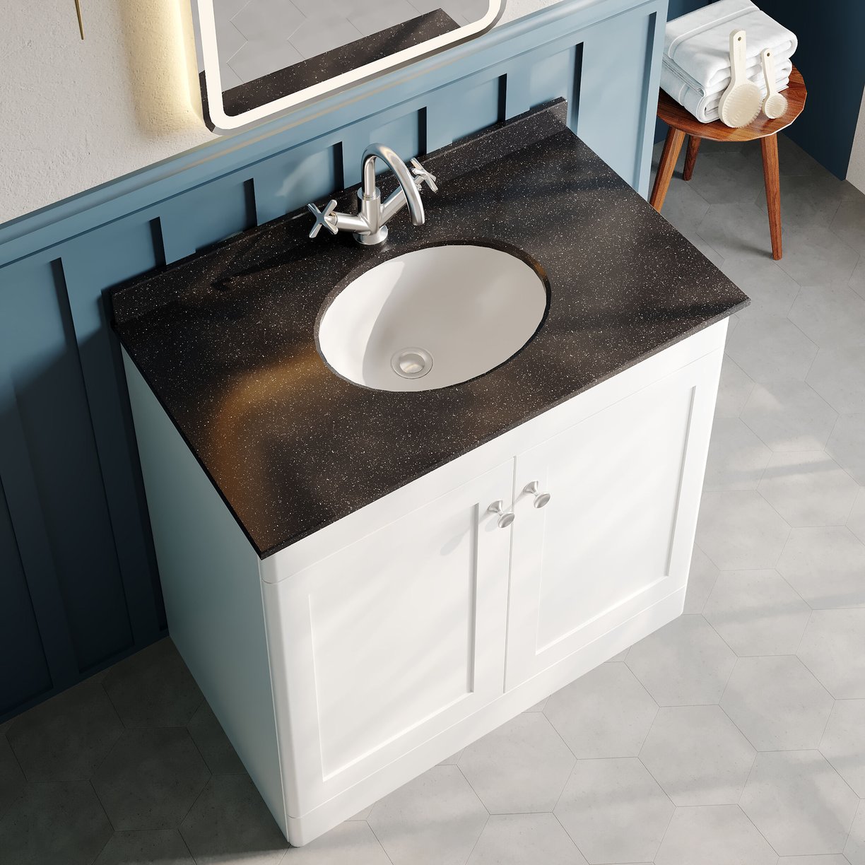 800mm F/S 2-Door Unit & Marble Top 1TH - Satin White