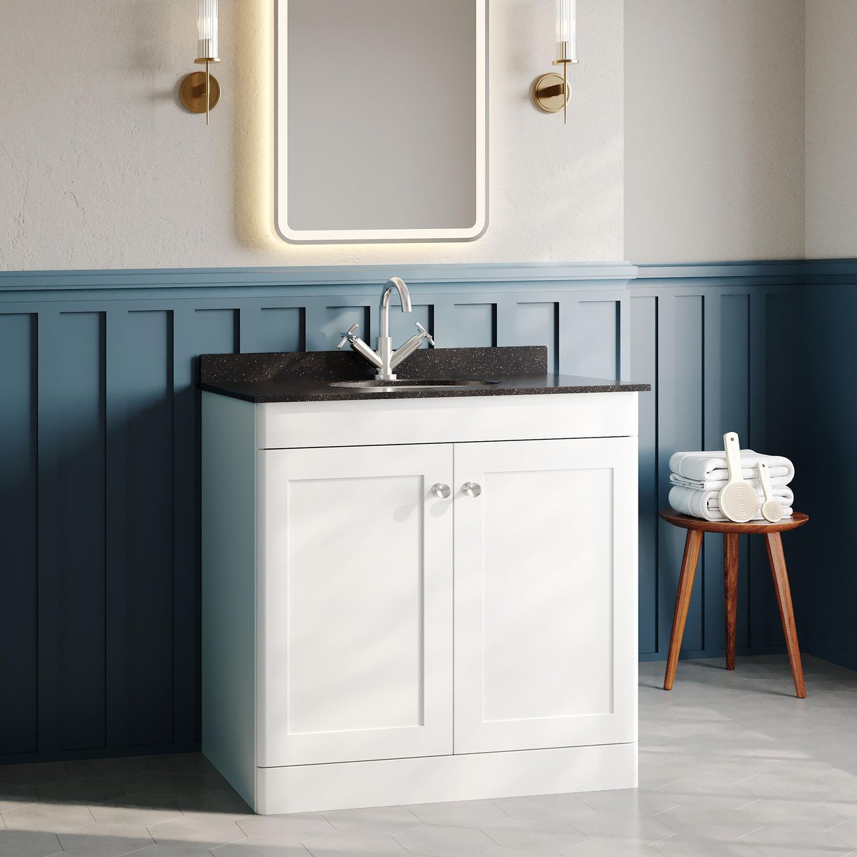 800mm F/S 2-Door Unit & Marble Top 1TH - Satin White