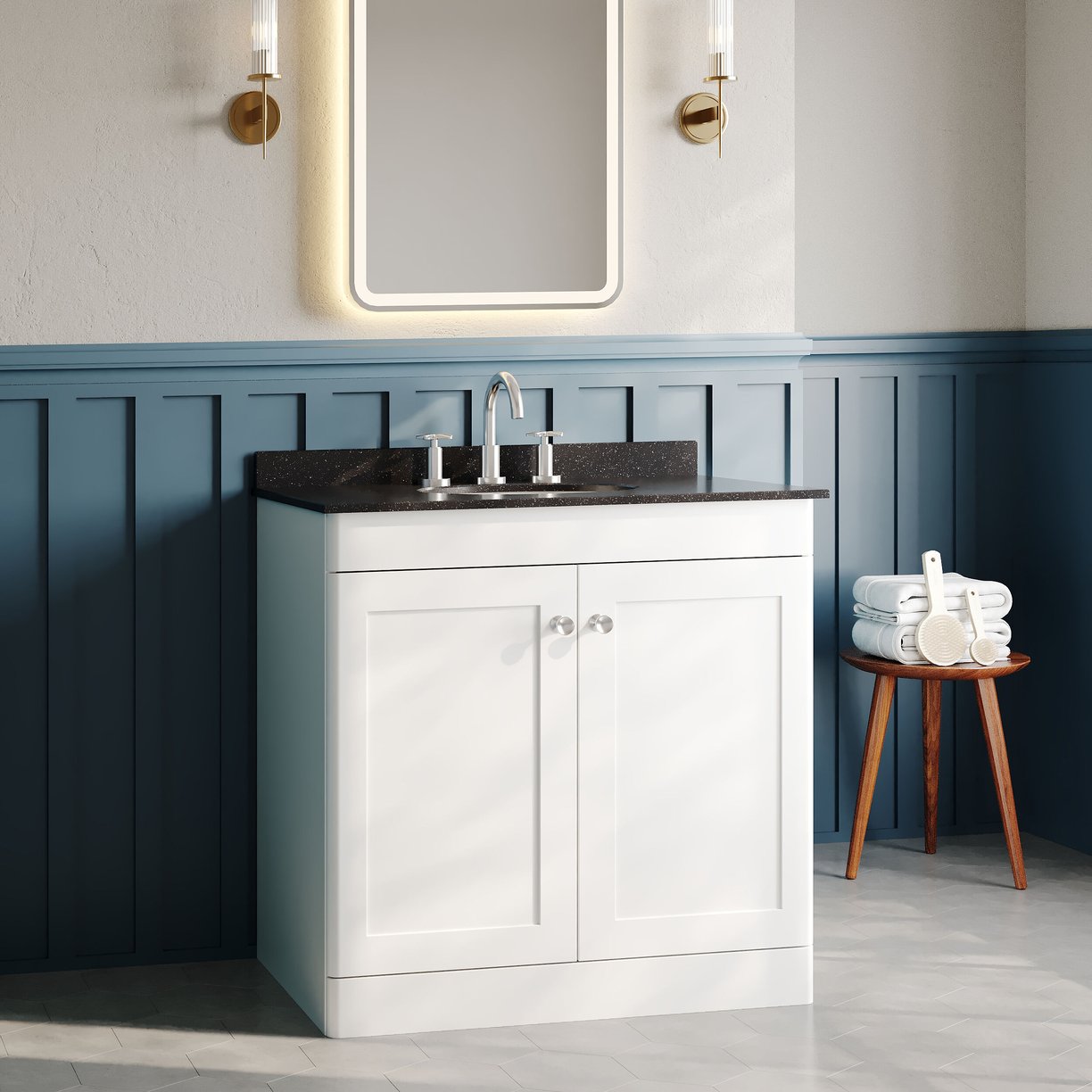 800mm F/S 2-Door Unit & Marble Top 3TH - Satin White