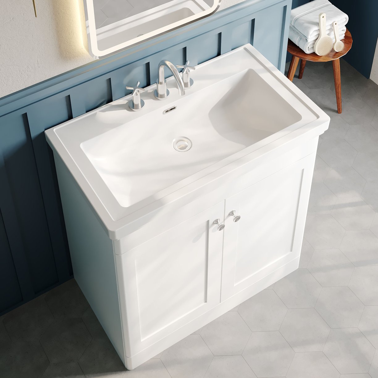 800mm F/S 2-Door Unit & Basin 3TH - Satin White