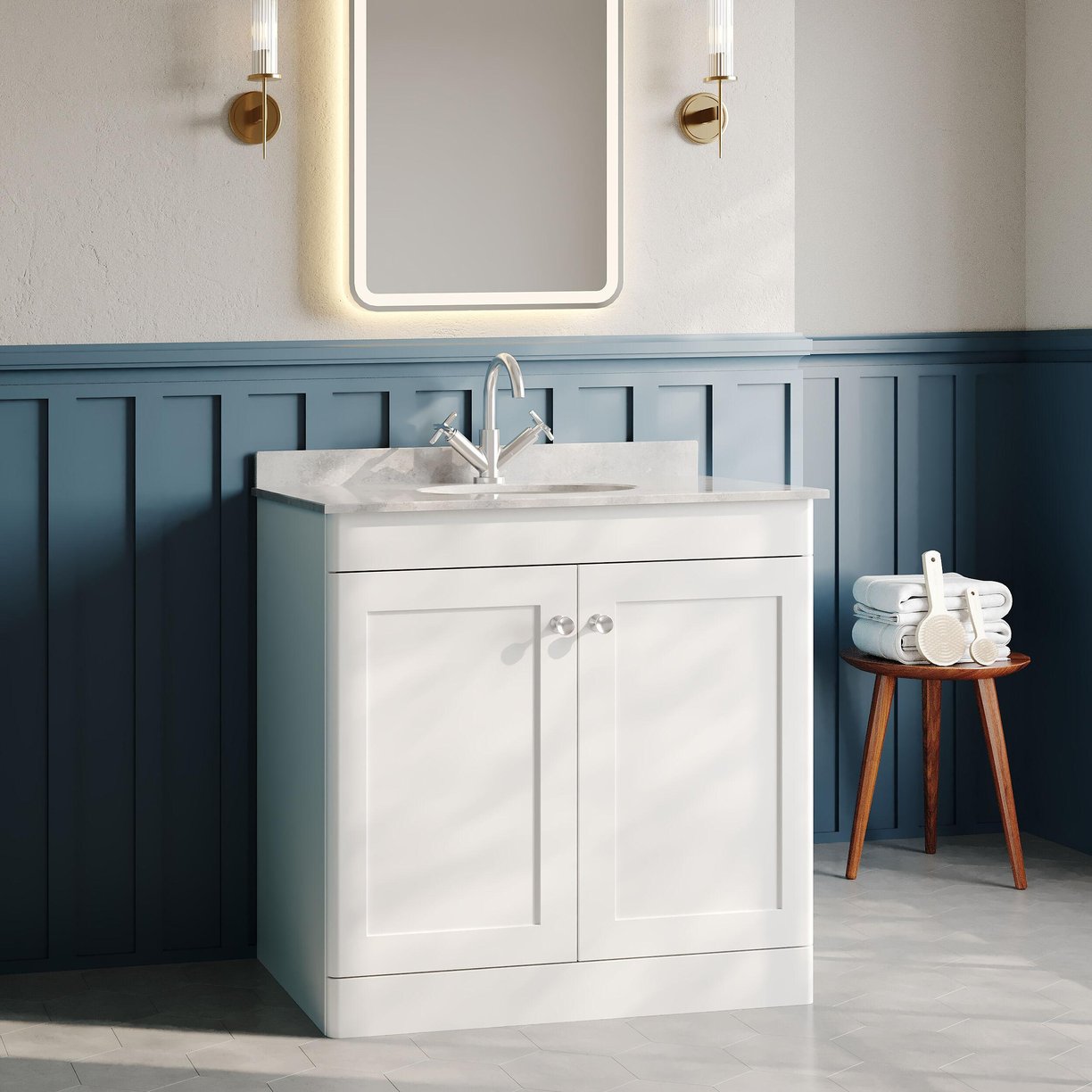 800mm F/S 2-Door Unit & Marble Top 1TH - Satin White