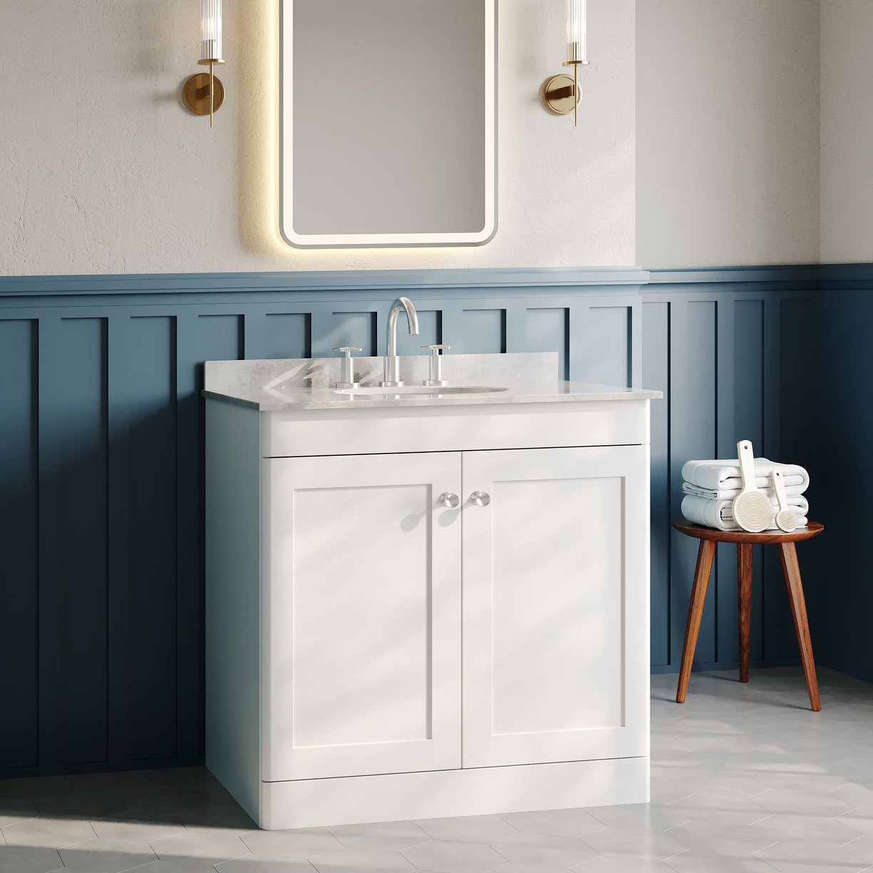 800mm F/S 2-Door Unit & Marble Top 3TH - Satin White