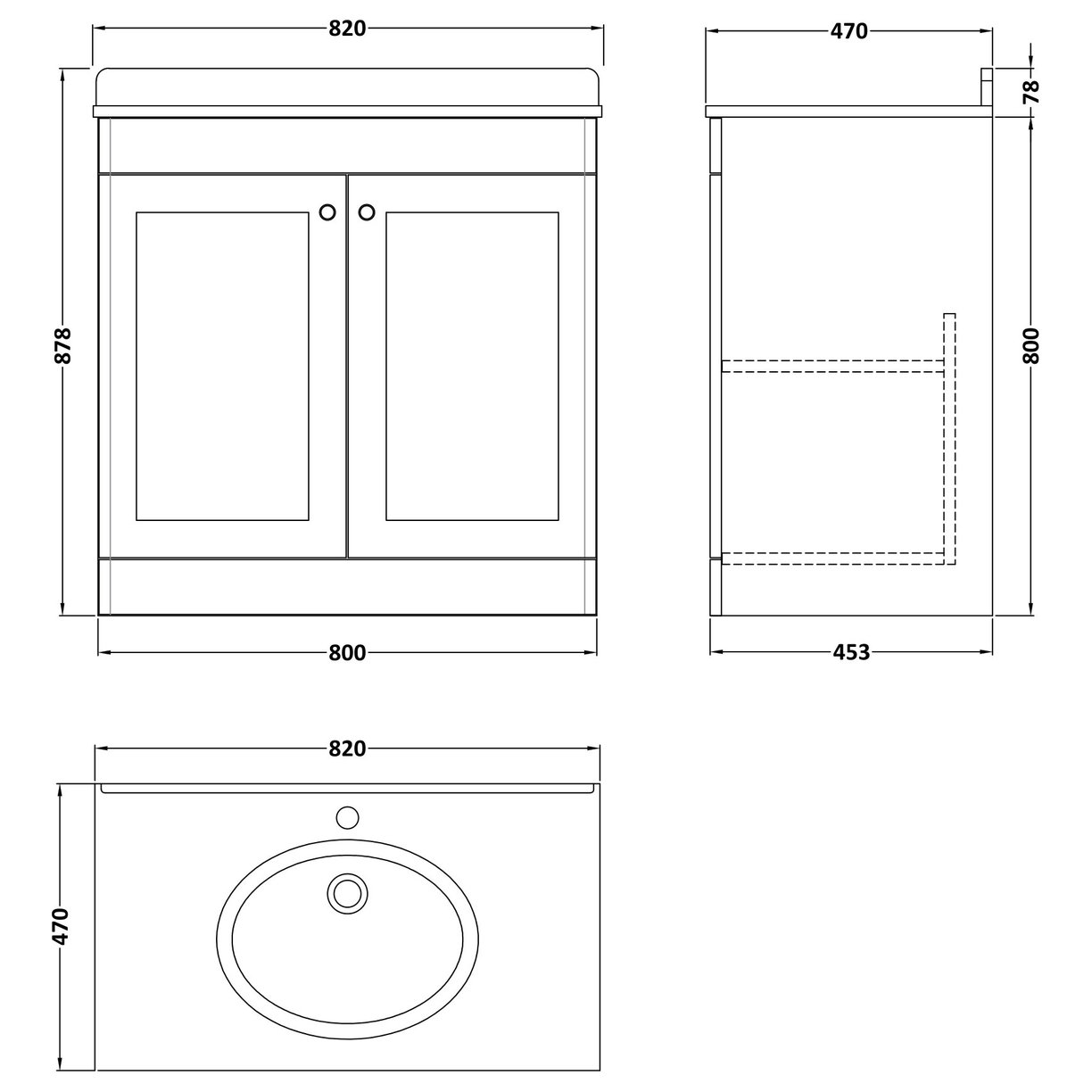 800mm F/S 2-Door Unit & Marble Top 1TH - Satin White