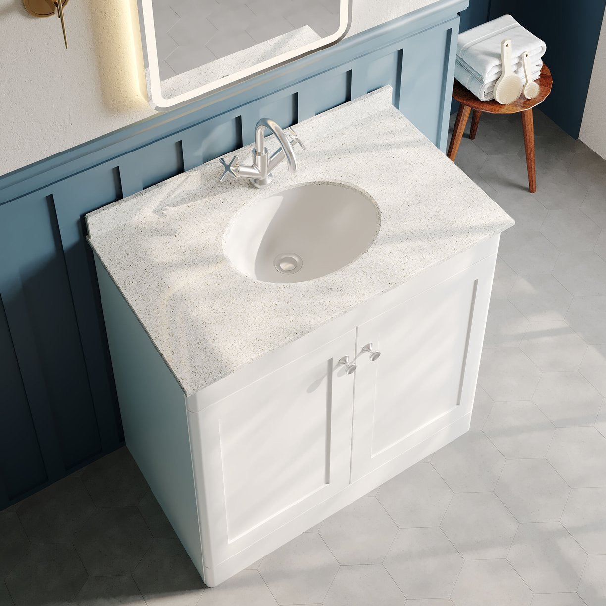 800mm F/S 2-Door Unit & Marble Top 1TH - Satin White