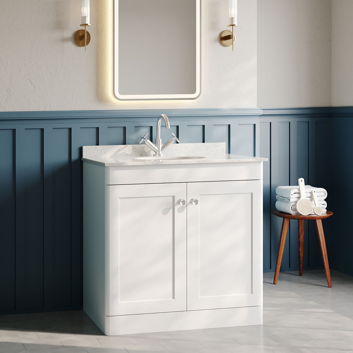 800mm F/S 2-Door Unit & Marble Top 1TH - Satin White