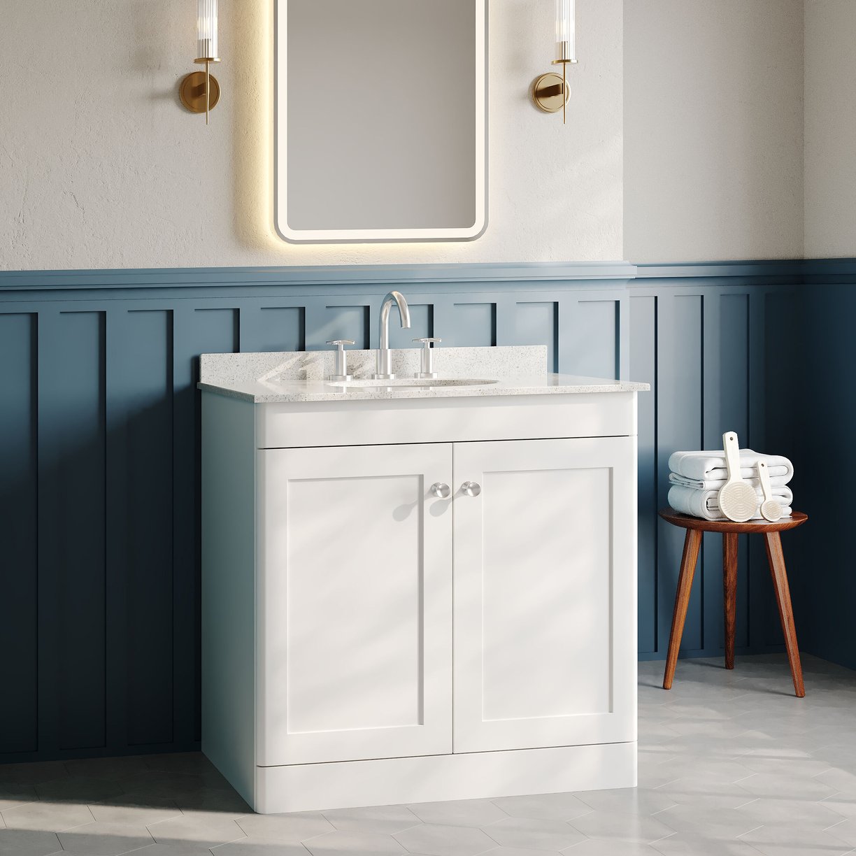 800mm F/S 2-Door Unit & Marble Top 3TH - Satin White