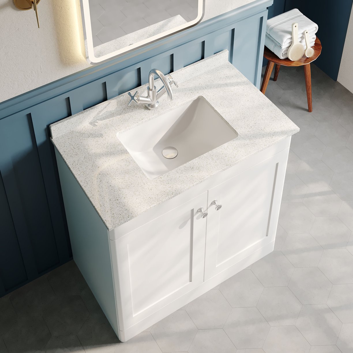 800mm F/S 2-Door Unit & Marble Top 1TH - Satin White