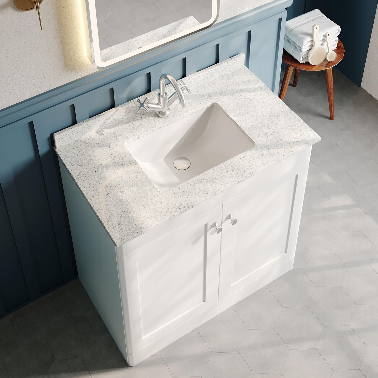 800mm F/S 2-Door Unit & Marble Top 1TH - Satin White