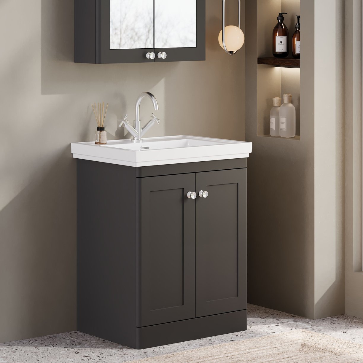 600mm F/S 2-Door Unit & Basin 1TH - Satin Soft Black