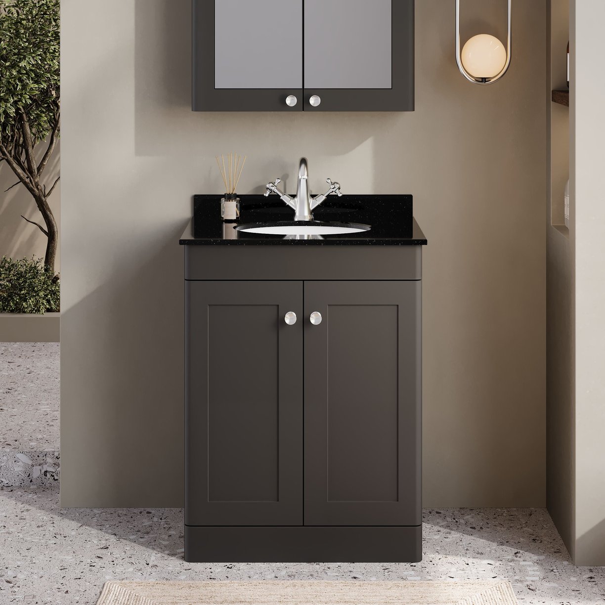 600mm F/S 2-Door Unit & Marble Top 1TH - Satin Soft Black