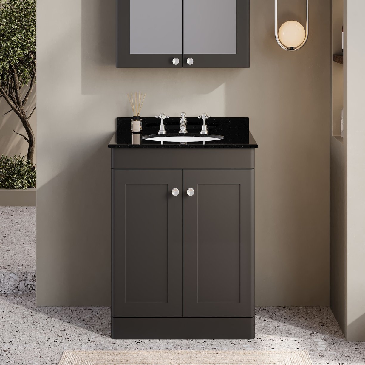 600mm F/S 2-Door Unit & Marble Top 3TH - Satin Soft Black