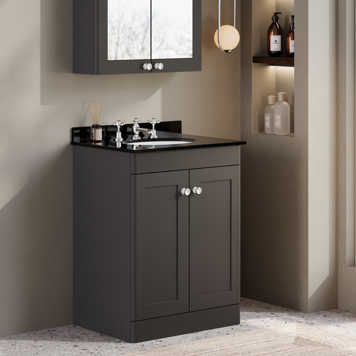 600mm F/S 2-Door Unit & Marble Top 3TH - Satin Soft Black