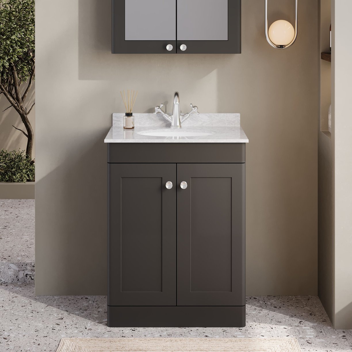 600mm F/S 2-Door Unit & Marble Top 1TH - Satin Soft Black