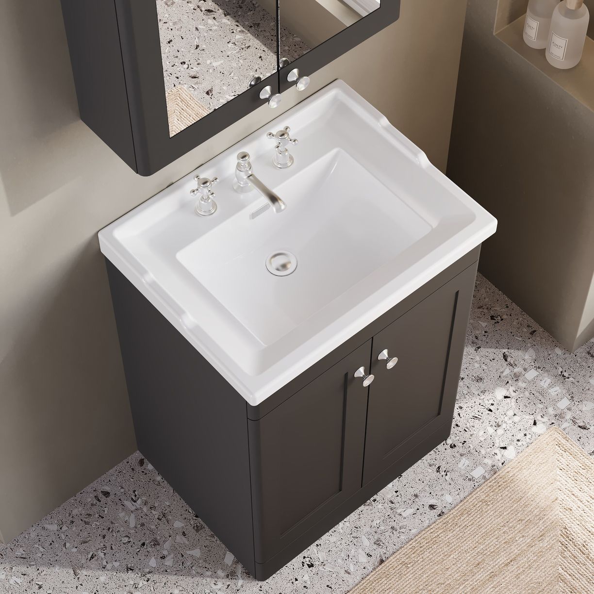 600mm F/S 2-Door Unit & Basin 3TH - Satin Soft Black