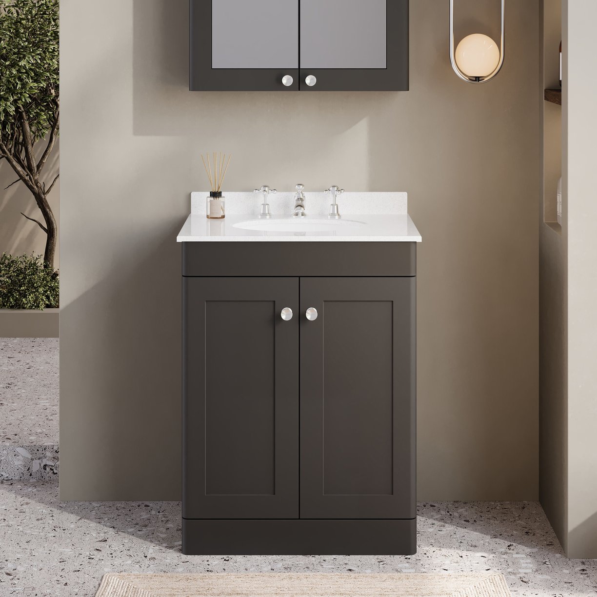 600mm F/S 2-Door Unit & Marble Top 3TH - Satin Soft Black