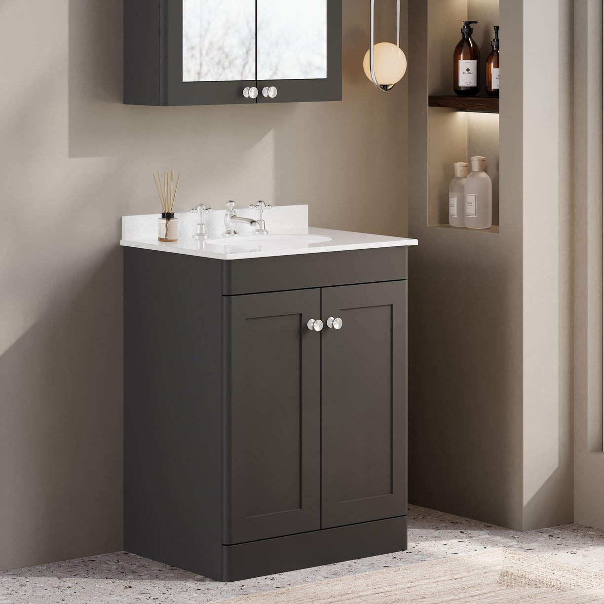 600mm F/S 2-Door Unit & Marble Top 3TH - Satin Soft Black
