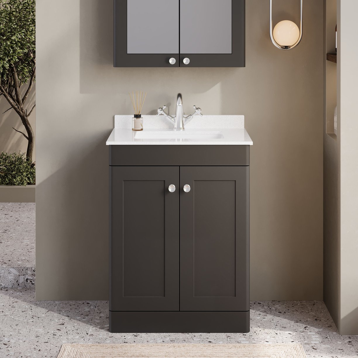 600mm F/S 2-Door Unit & Marble Top 1TH - Satin Soft Black