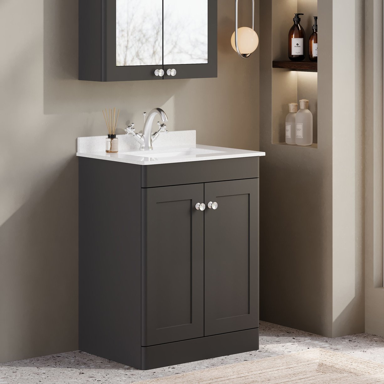 600mm F/S 2-Door Unit & Marble Top 1TH - Satin Soft Black