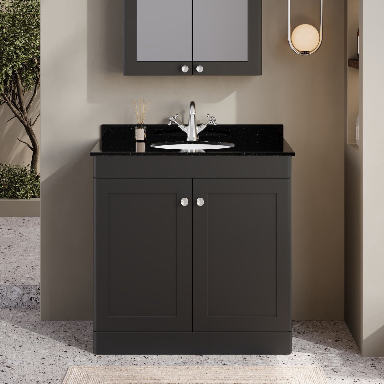 800mm F/S 2-Door Unit & Marble Top 1TH - Satin Soft Black