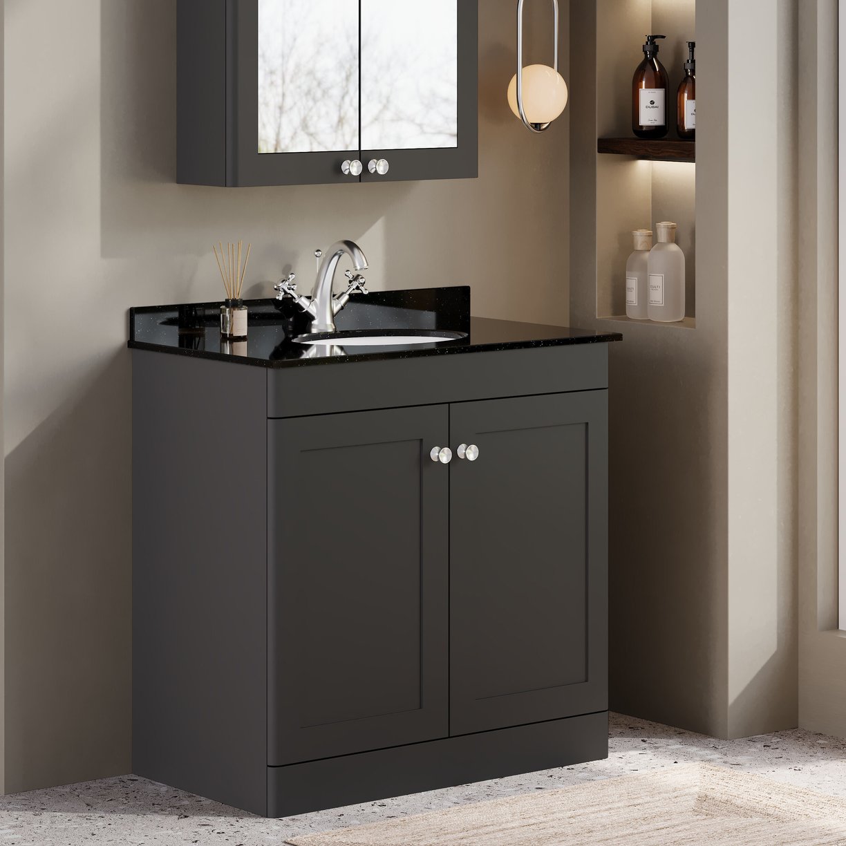 800mm F/S 2-Door Unit & Marble Top 1TH - Satin Soft Black