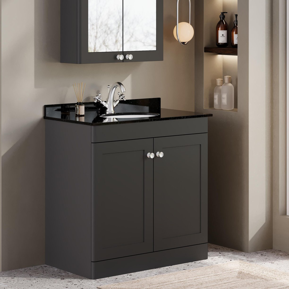 800mm F/S 2-Door Unit & Marble Top 1TH - Satin Soft Black