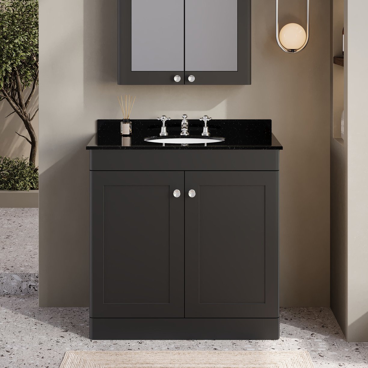 800mm F/S 2-Door Unit & Marble Top 3TH - Satin Soft Black
