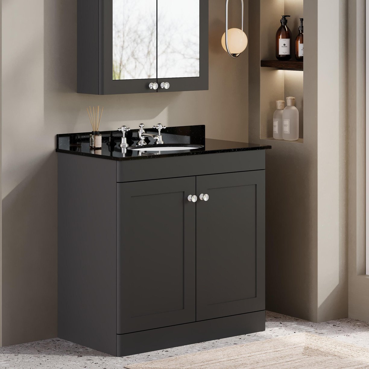800mm F/S 2-Door Unit & Marble Top 3TH - Satin Soft Black