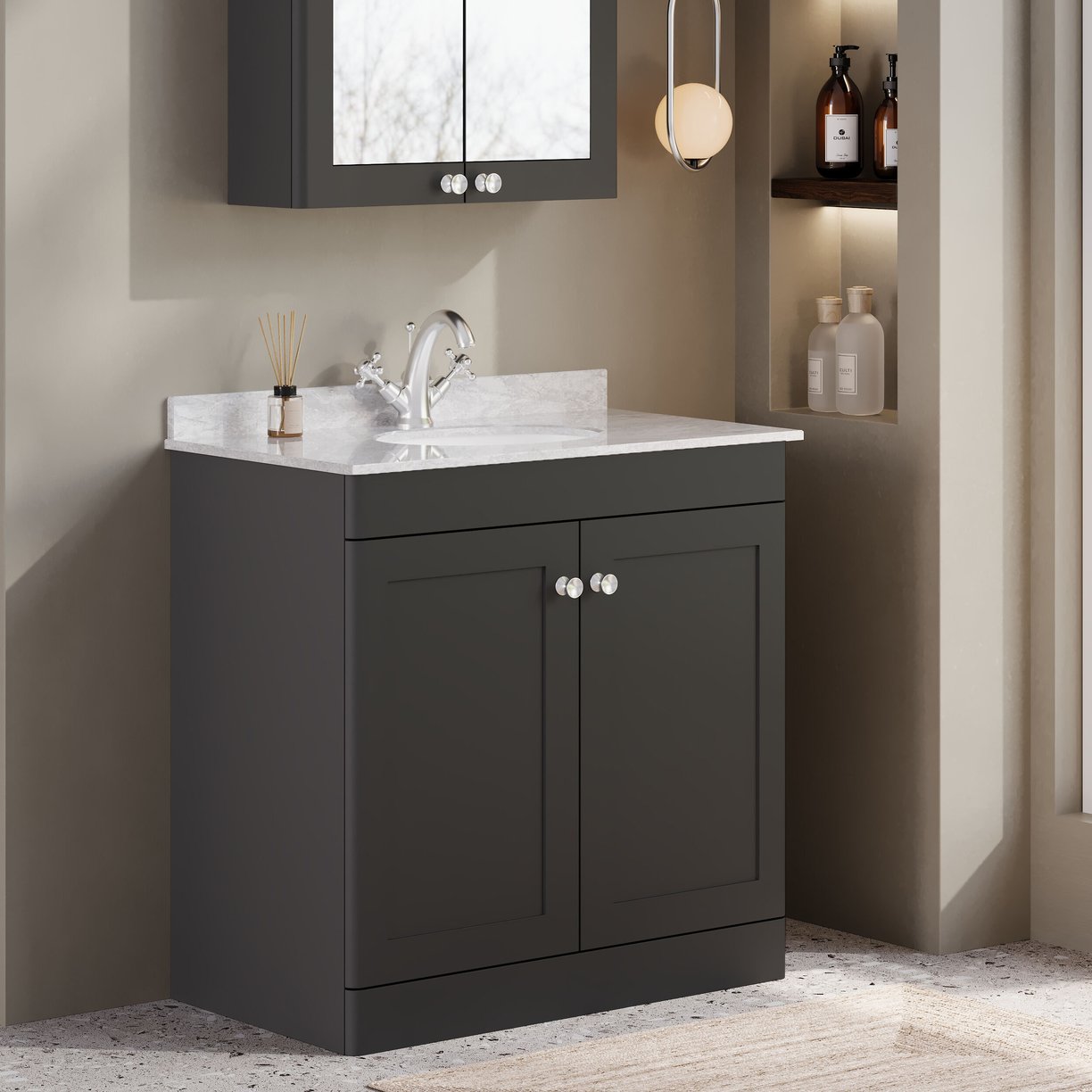 800mm F/S 2-Door Unit & Marble Top 1TH - Satin Soft Black