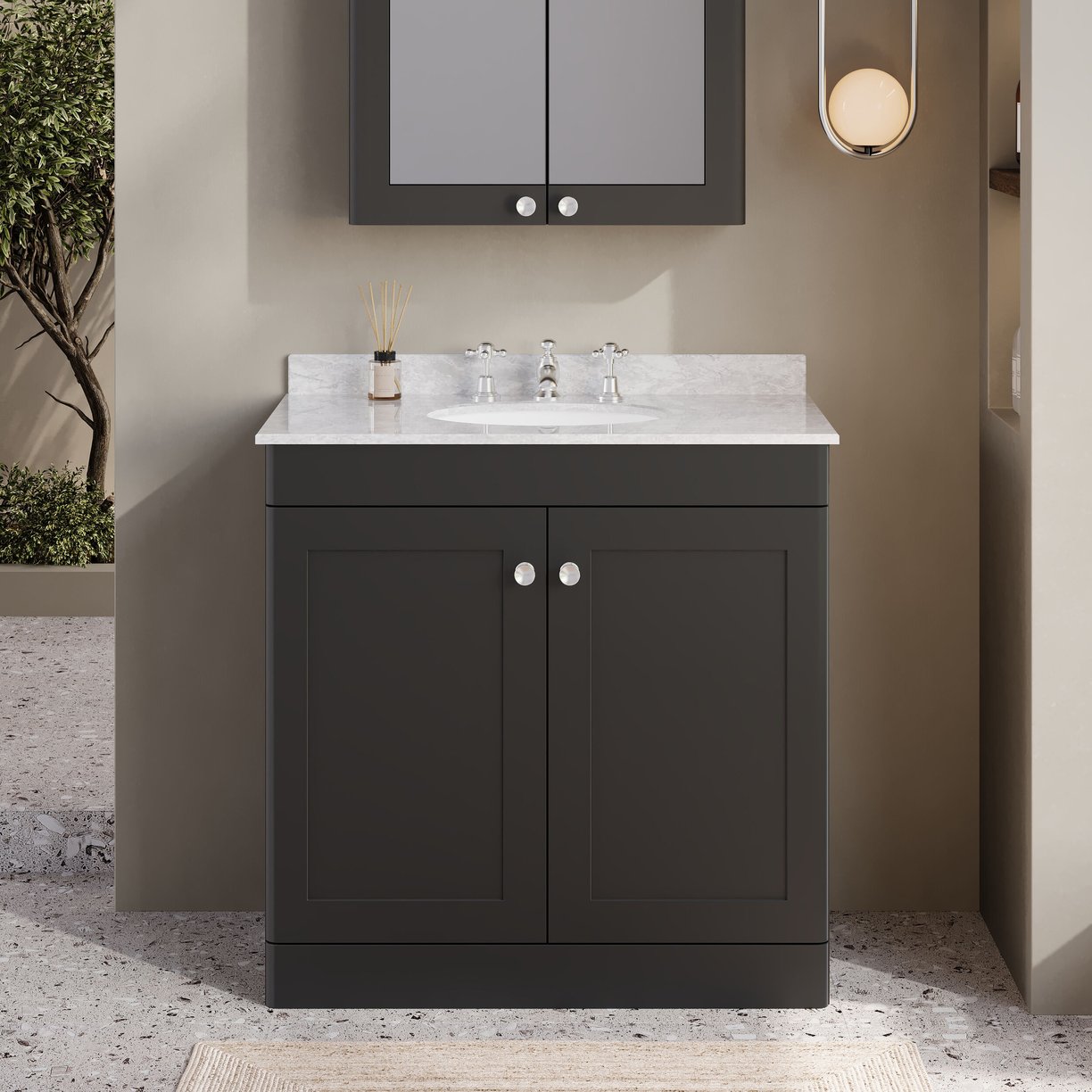 800mm F/S 2-Door Unit & Marble Top 3TH - Satin Soft Black