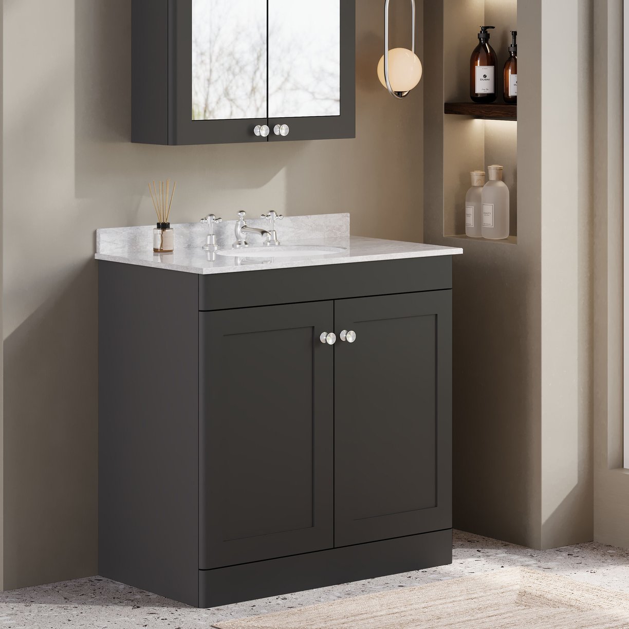 800mm F/S 2-Door Unit & Marble Top 3TH - Satin Soft Black