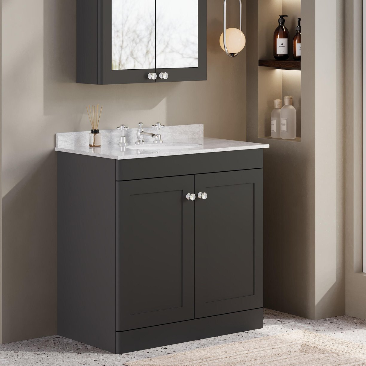 800mm F/S 2-Door Unit & Marble Top 3TH - Satin Soft Black