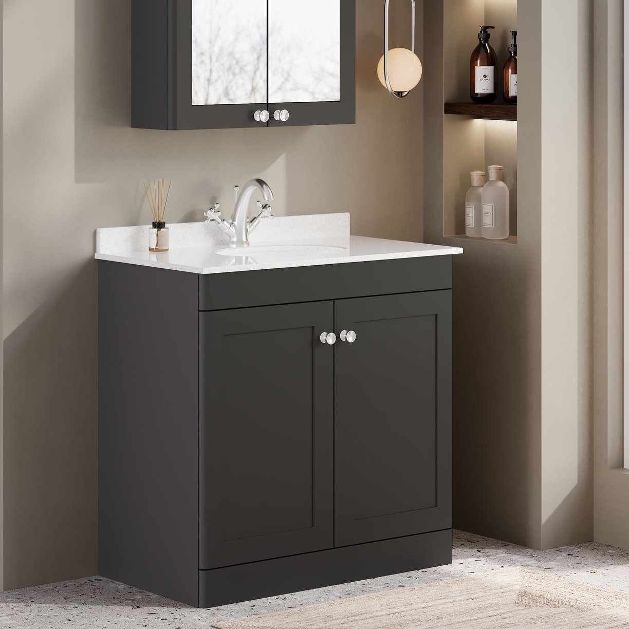 800mm F/S 2-Door Unit & Marble Top 1TH - Satin Soft Black