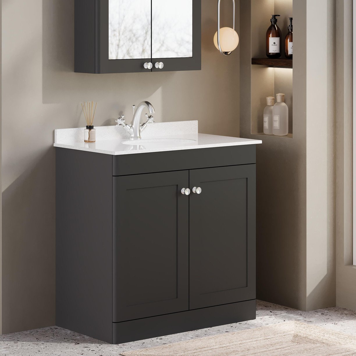 800mm F/S 2-Door Unit & Marble Top 1TH - Satin Soft Black