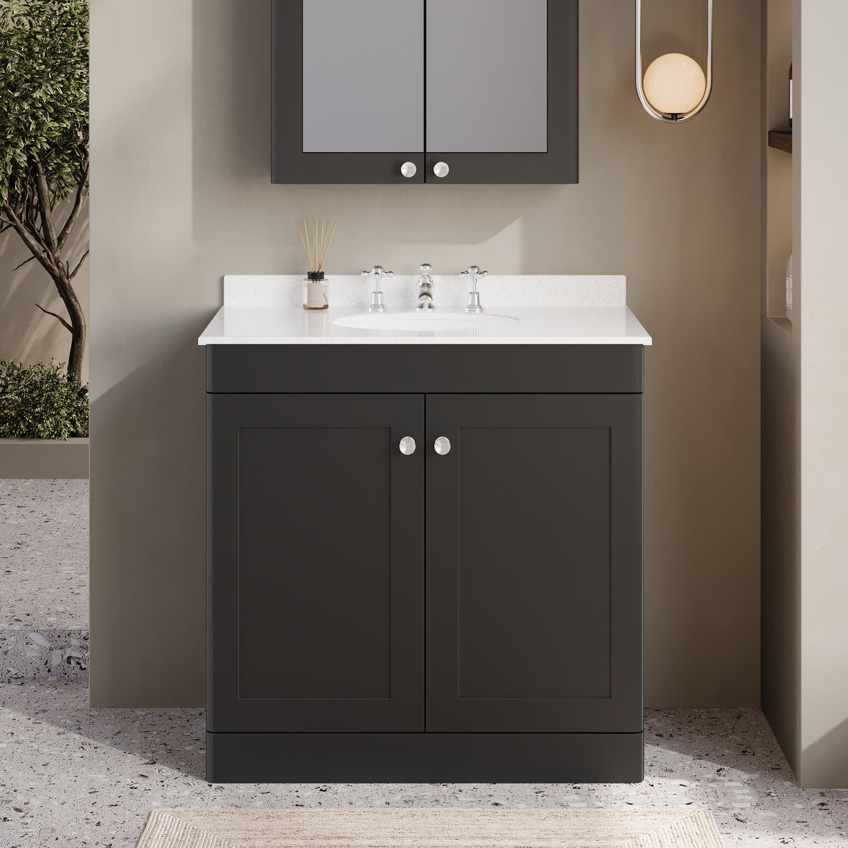 800mm F/S 2-Door Unit & Marble Top 3TH - Satin Soft Black