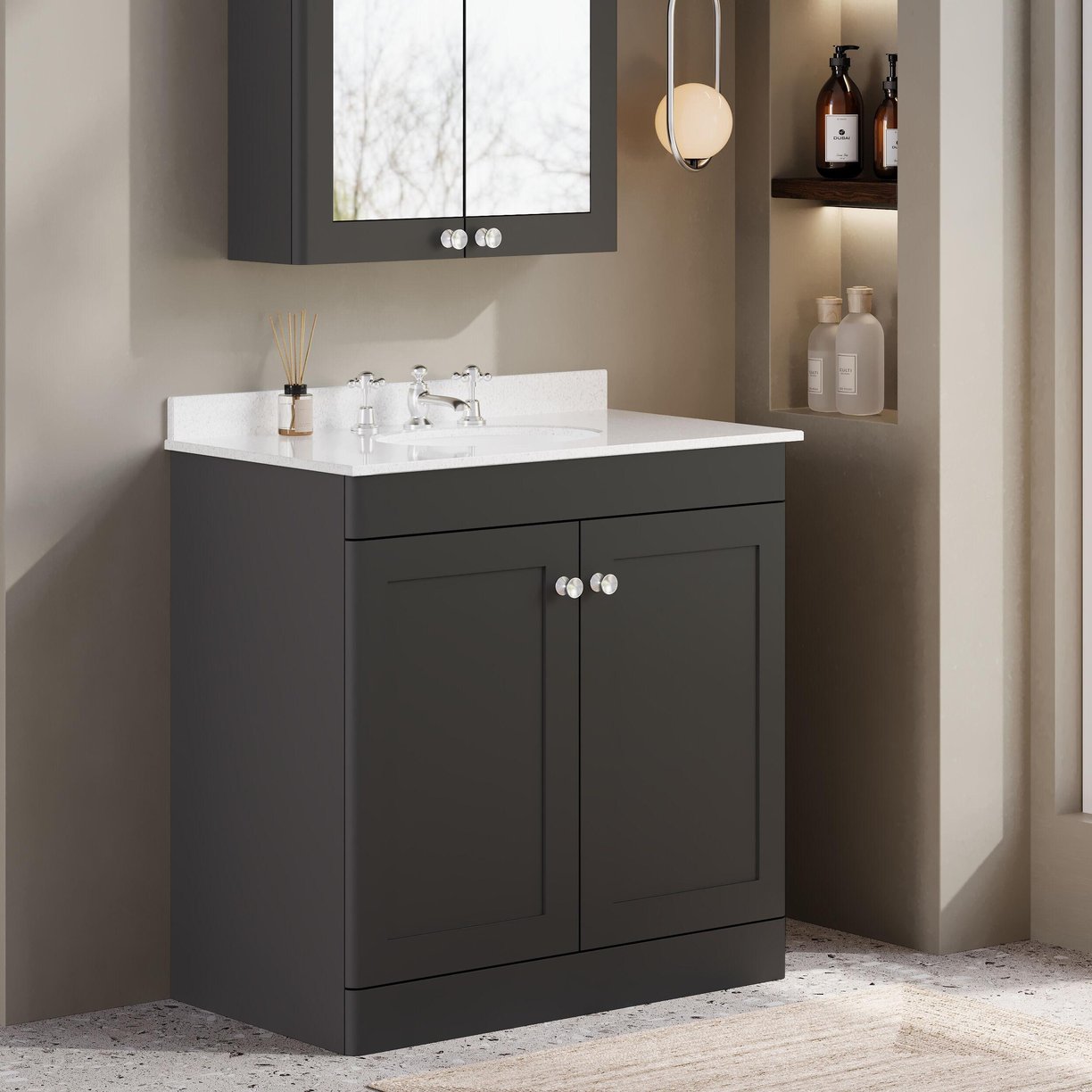 800mm F/S 2-Door Unit & Marble Top 3TH - Satin Soft Black