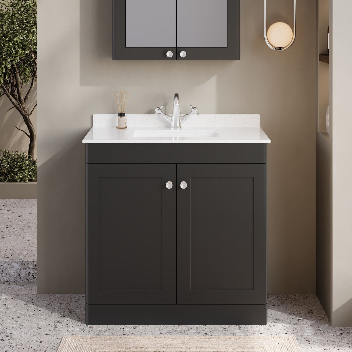 800mm F/S 2-Door Unit & Marble Top 1TH - Satin Soft Black