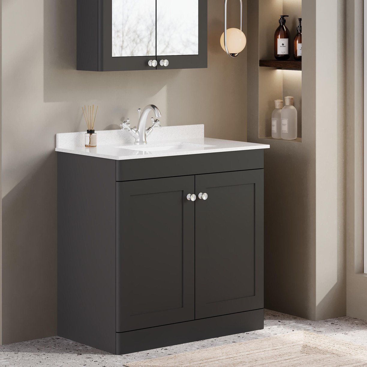 800mm F/S 2-Door Unit & Marble Top 1TH - Satin Soft Black
