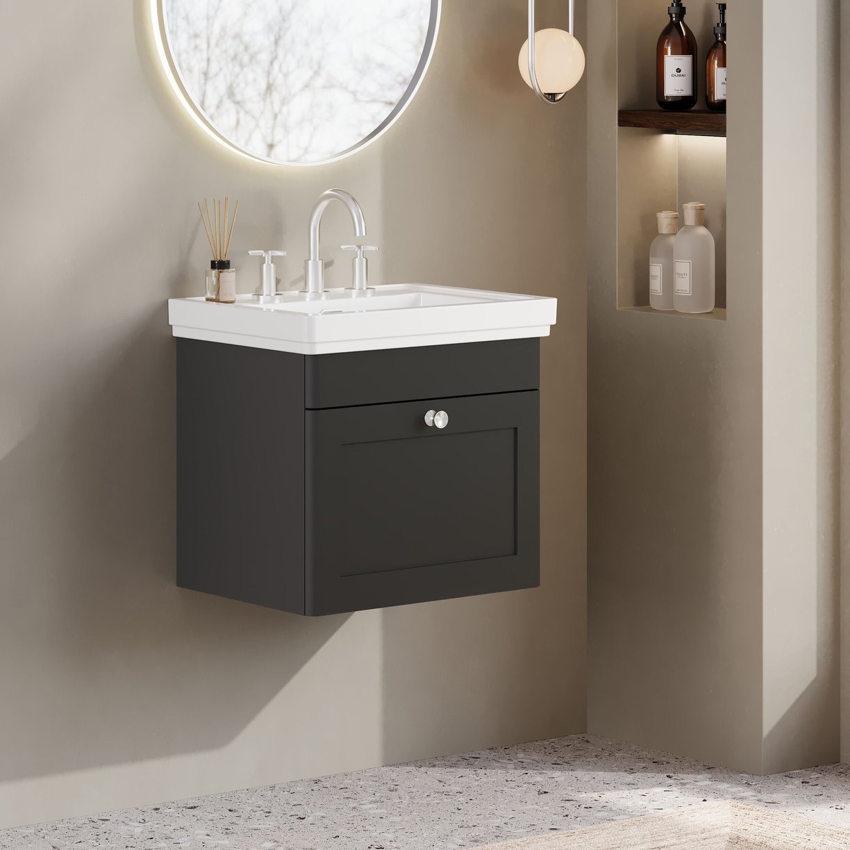 500mm W/H 1-Drawer Unit & Basin 3TH - Satin Soft Black