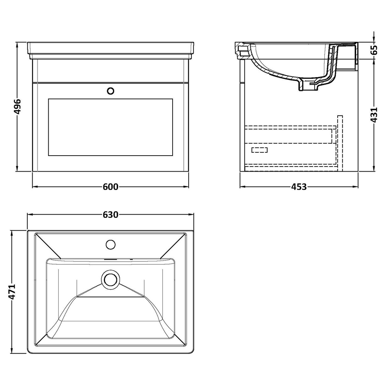 600 W/H 1-Drawer Unit & Basin 1TH