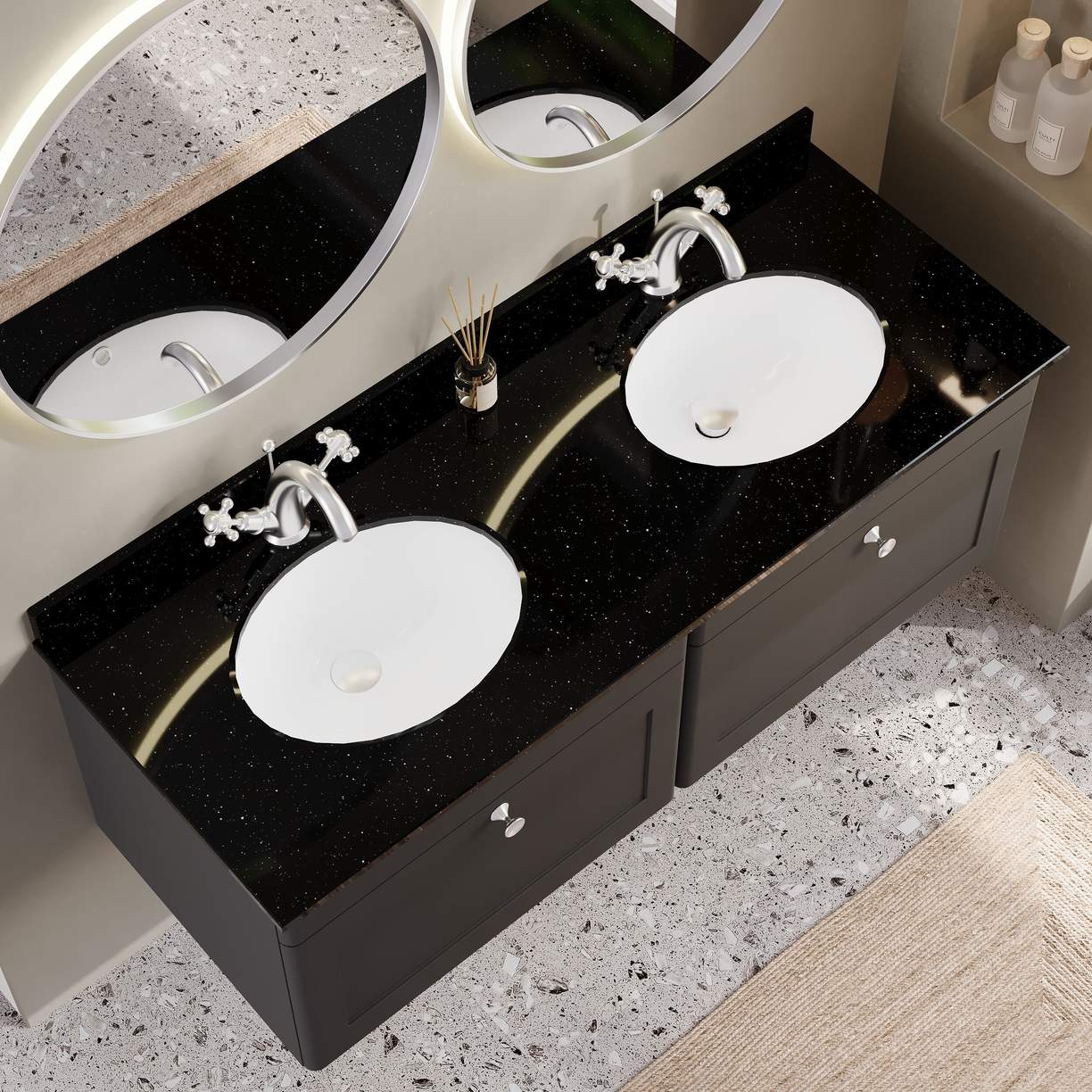 1200mm W/H 2-Drawer Unit & Marble Top - Satin Soft Black