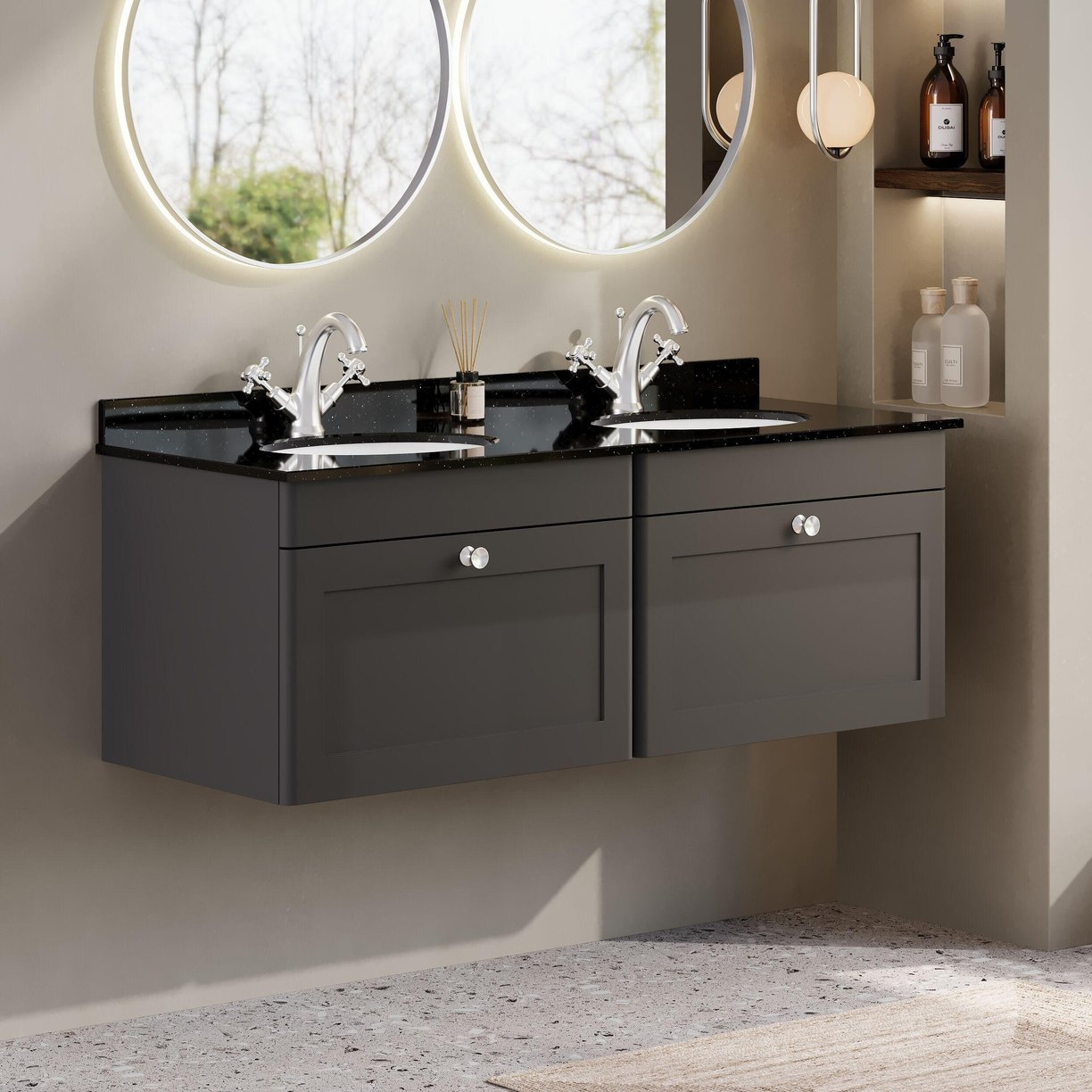 1200mm W/H 2-Drawer Unit & Marble Top - Satin Soft Black