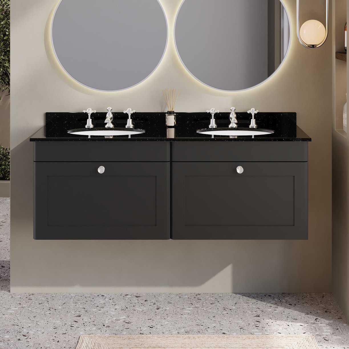1200mm W/H 2-Drawer Unit & Marble Top - Satin Soft Black