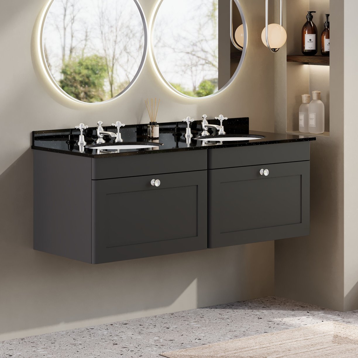 1200mm W/H 2-Drawer Unit & Marble Top - Satin Soft Black