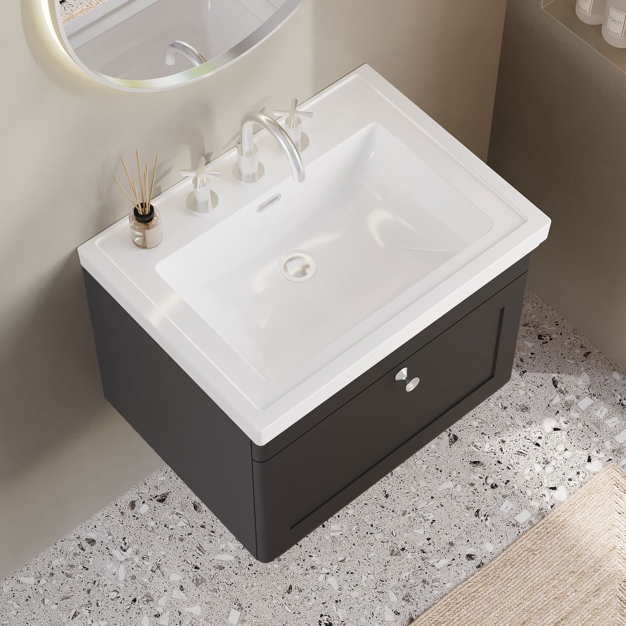 600mm W/H 1-Drawer Unit & Basin 3TH - Satin Soft Black