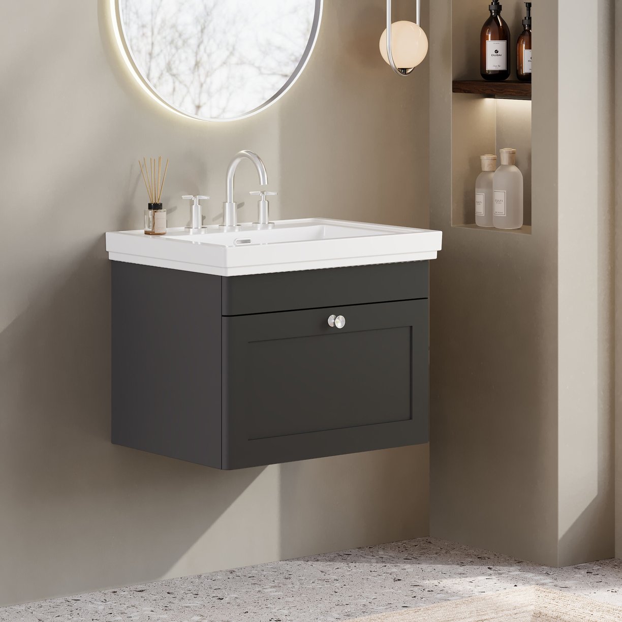 600mm W/H 1-Drawer Unit & Basin 3TH - Satin Soft Black