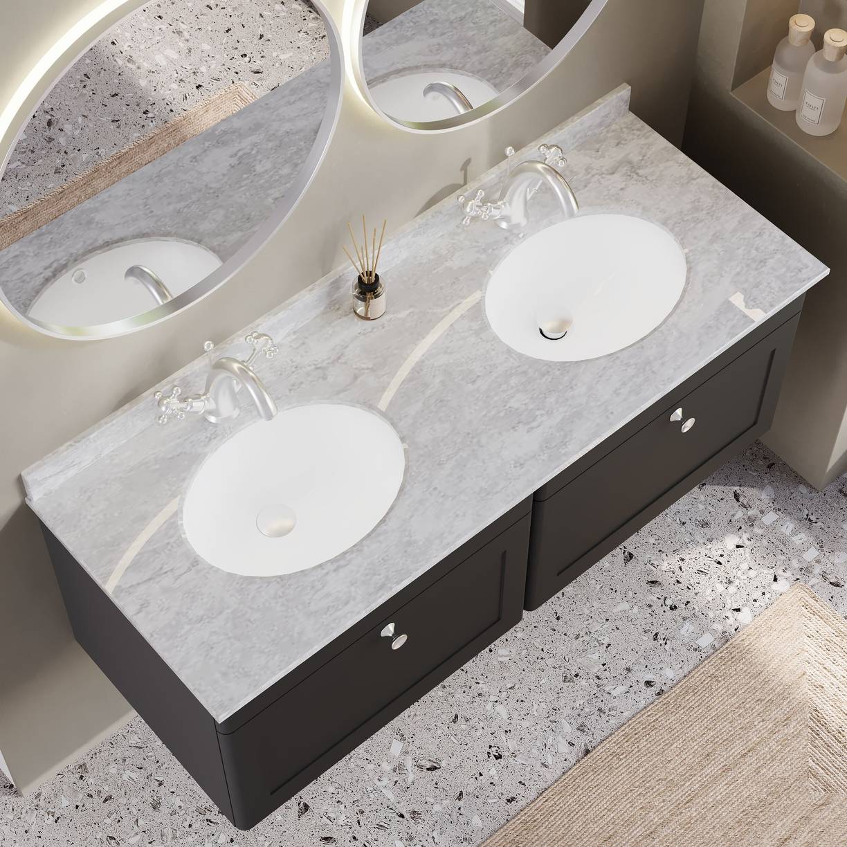 1200mm W/H 2-Drawer Unit & Marble Top - Satin Soft Black