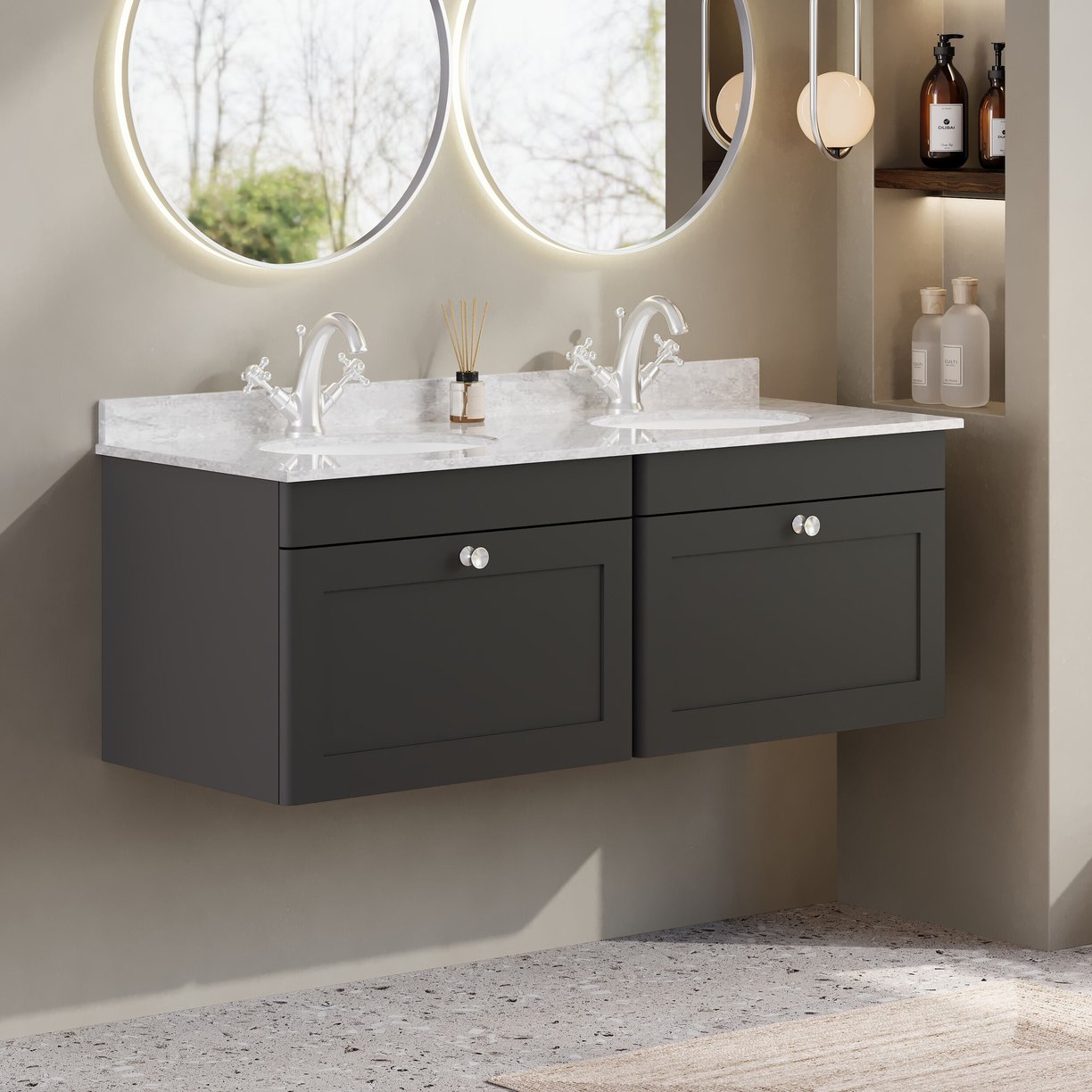 1200mm W/H 2-Drawer Unit & Marble Top - Satin Soft Black