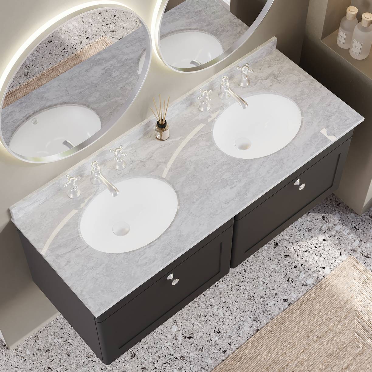 1200mm W/H 2-Drawer Unit & Marble Top - Satin Soft Black