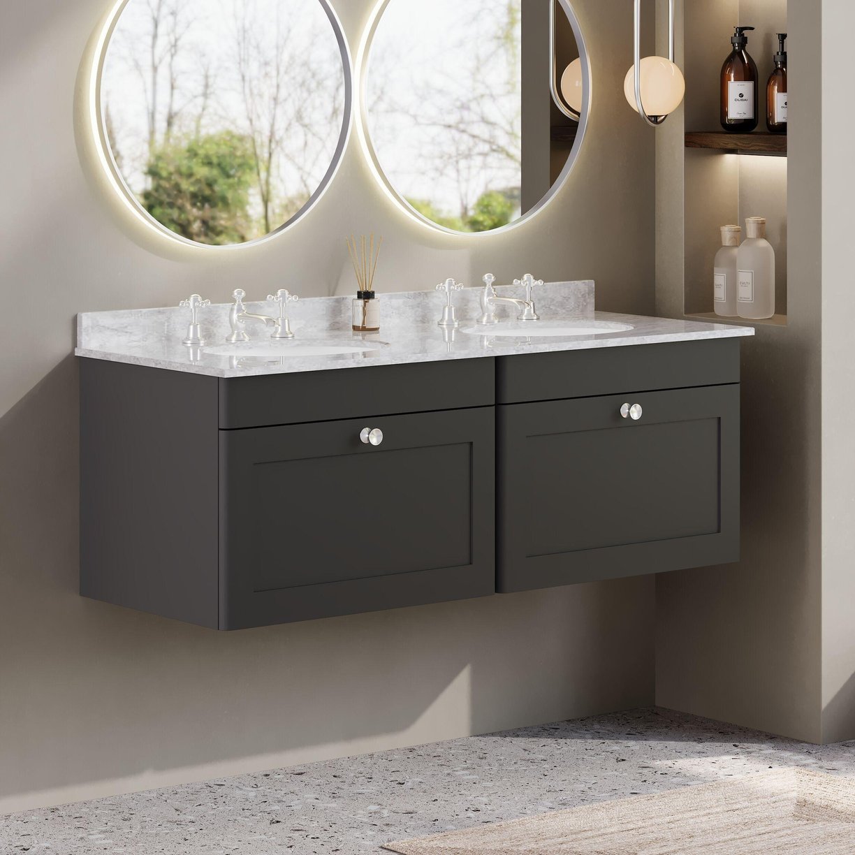1200mm W/H 2-Drawer Unit & Marble Top - Satin Soft Black