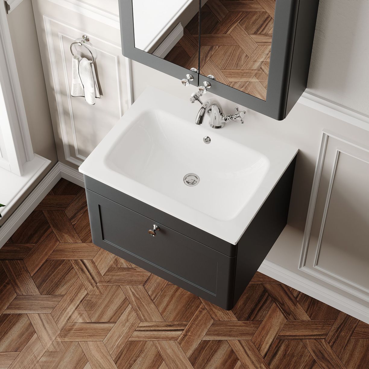 600mm Wall Hung 1-Drawer Unit & Stone Basin 1TH